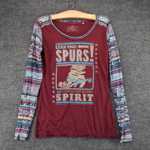 Panhandle Long Sleeve T Shirt Earn Your Spurs Rodeo Spirit Size M Red Western - Picture 2 of 10